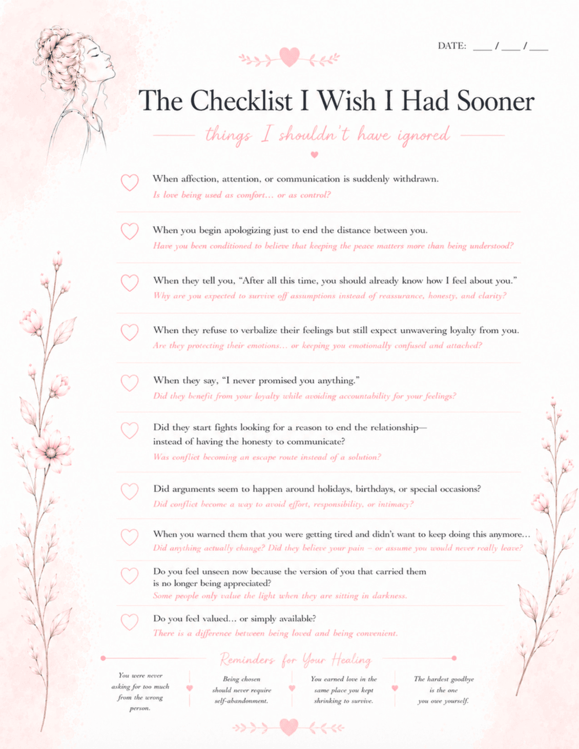 Preview of 'The Checklist I Wish I Had Sooner' journal page, listing relationship red flags to stop ignoring